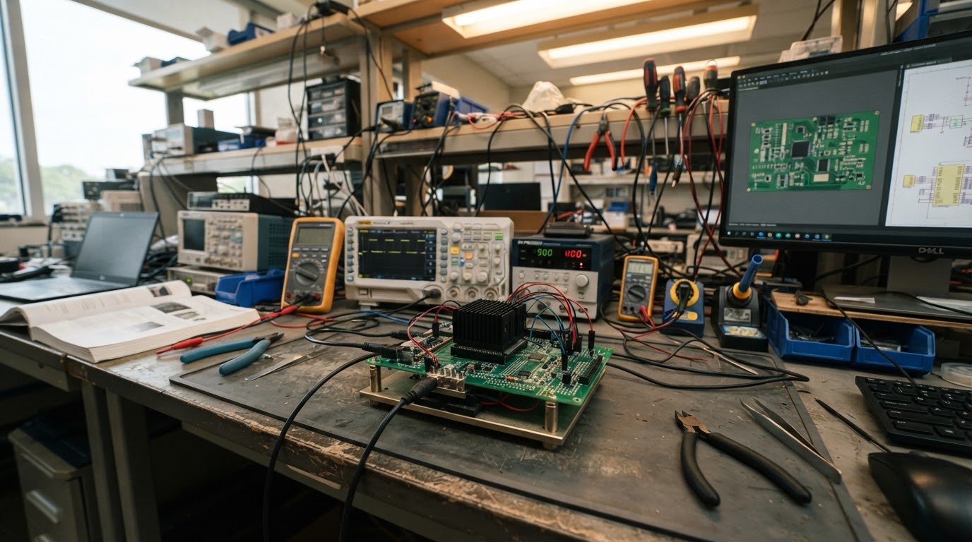 Engineering laboratory workstation with PCB prototype, board-level heat sink, and oscilloscope instruments