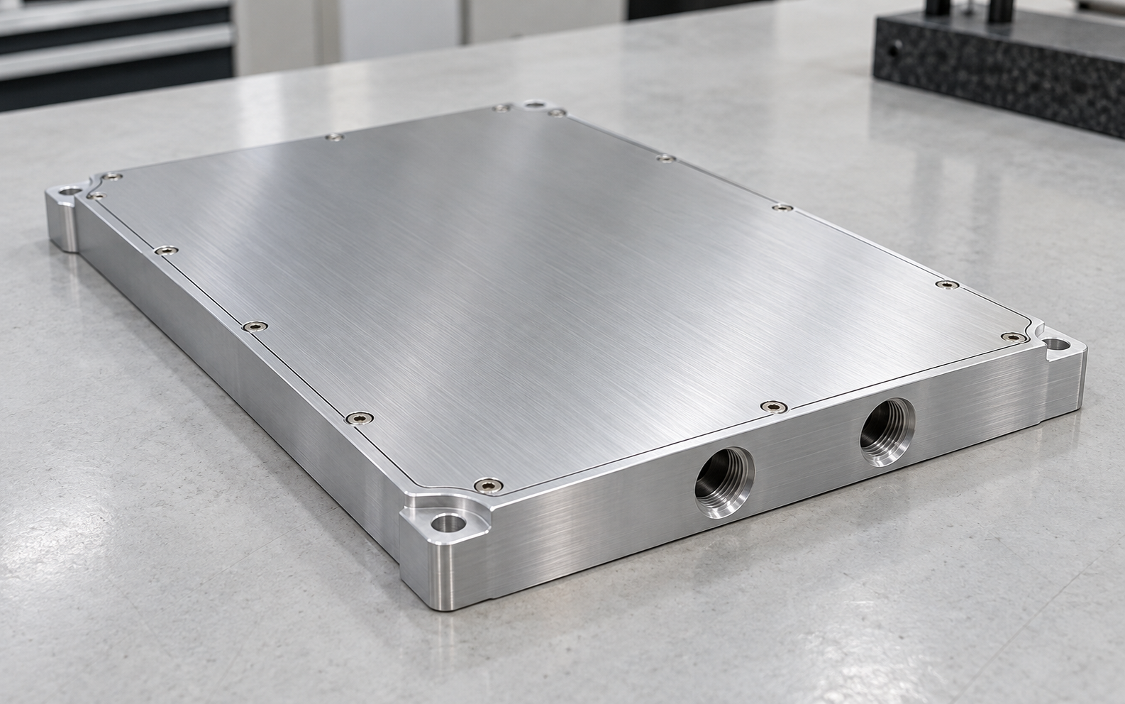 Sealed machined aluminum liquid cold plate with two separate inlet and outlet ports