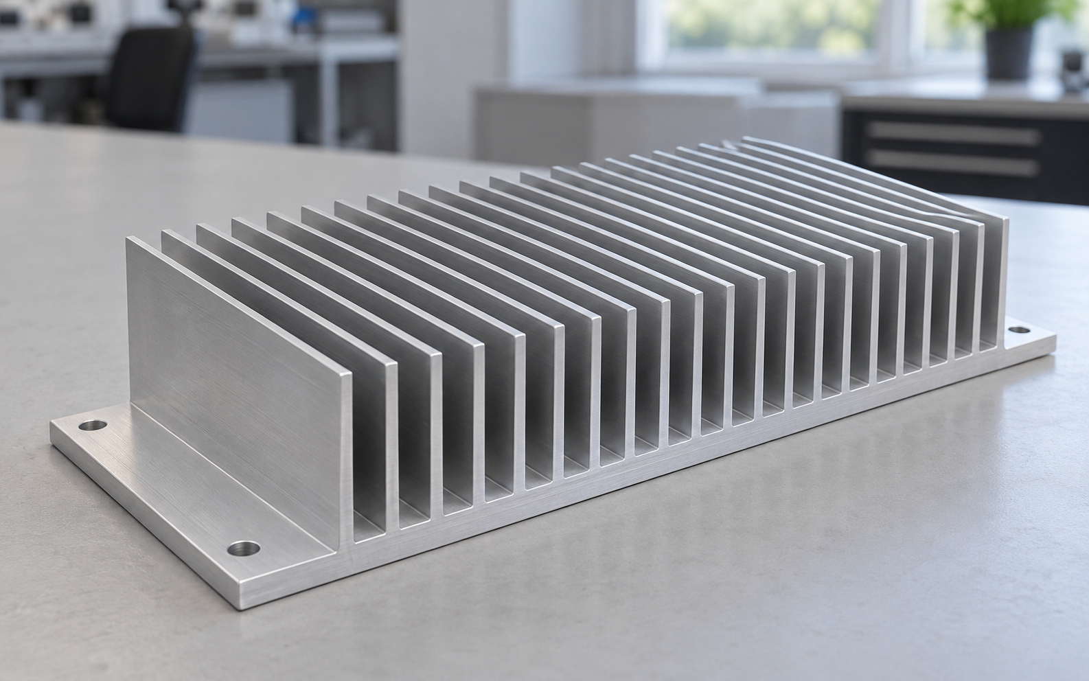 Machined aluminum heat sink with continuous parallel fins and an integral base