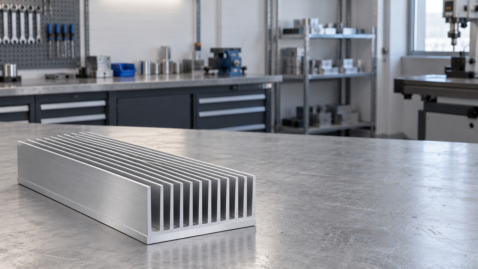 Straight-fin extruded aluminum heat sink on an engineering workbench