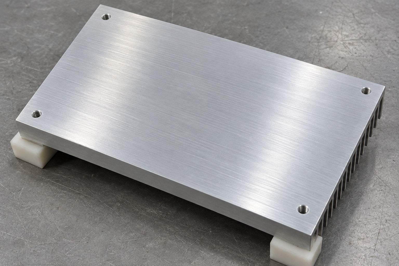 Machined underside and four mounting holes of an extruded aluminum heat sink
