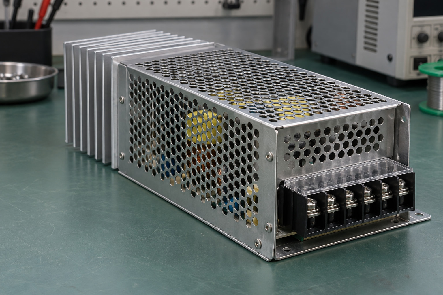 Industrial power supply with an external straight-fin extruded aluminum heat sink