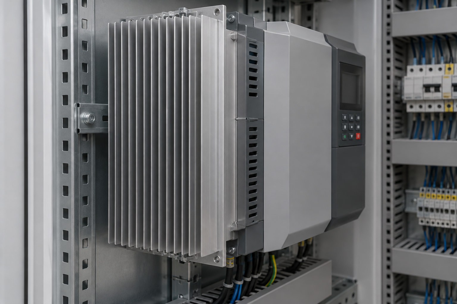 Industrial variable-frequency drive with a rear-mounted extruded heat sink and vertical air channels