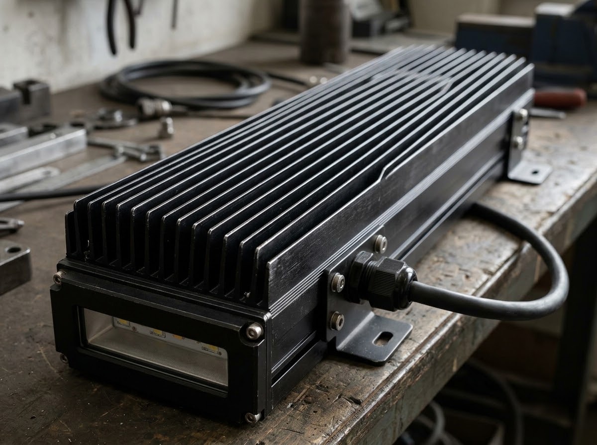 Industrial LED fixture with a black anodized extruded aluminum cooling body