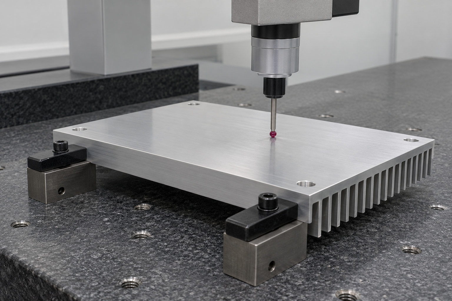 CMM ruby probe contacting the machined base of a securely held extruded aluminum heat sink