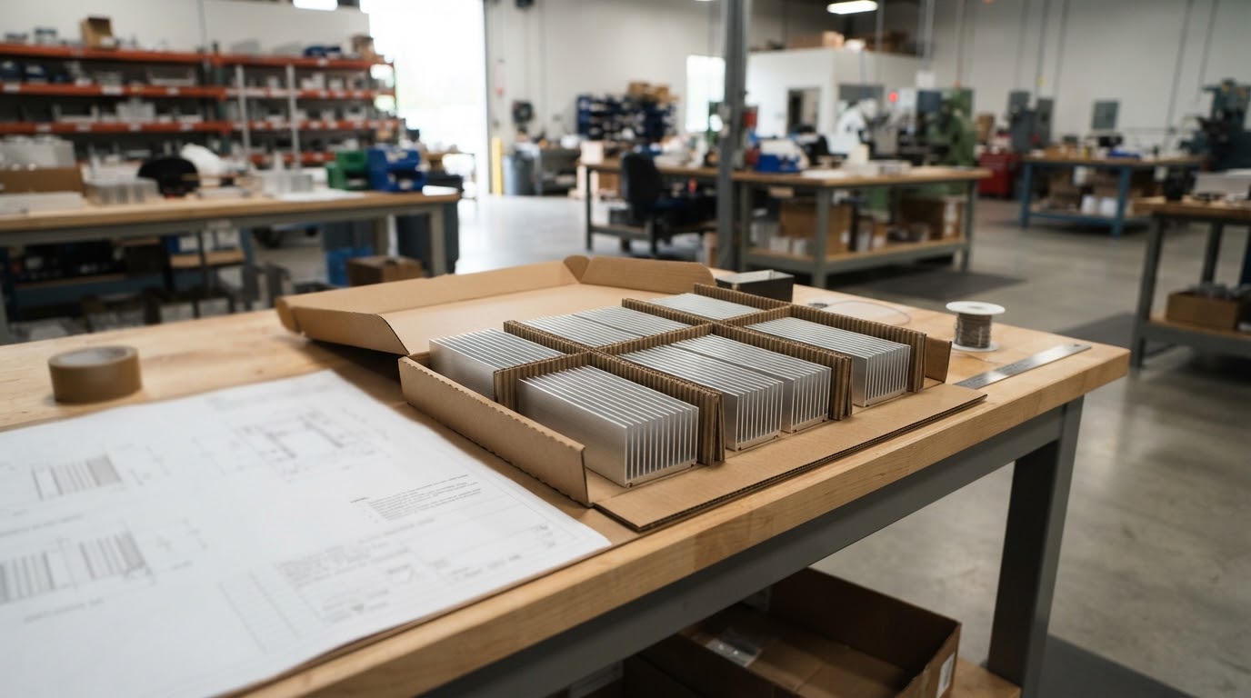 Extruded aluminum heat sinks separated by protective cardboard dividers on a packaging bench