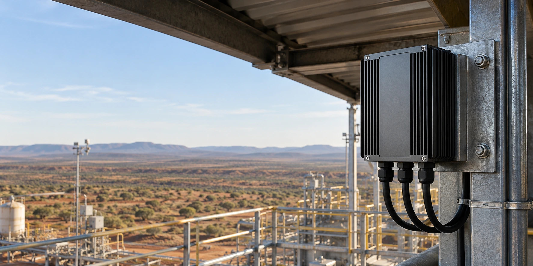 Compact fanless aluminum gateway mounted upright beneath an industrial sunshade