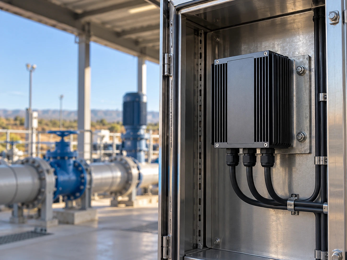 Shaded industrial gateway installation with vertical fins and sealed downward cable glands