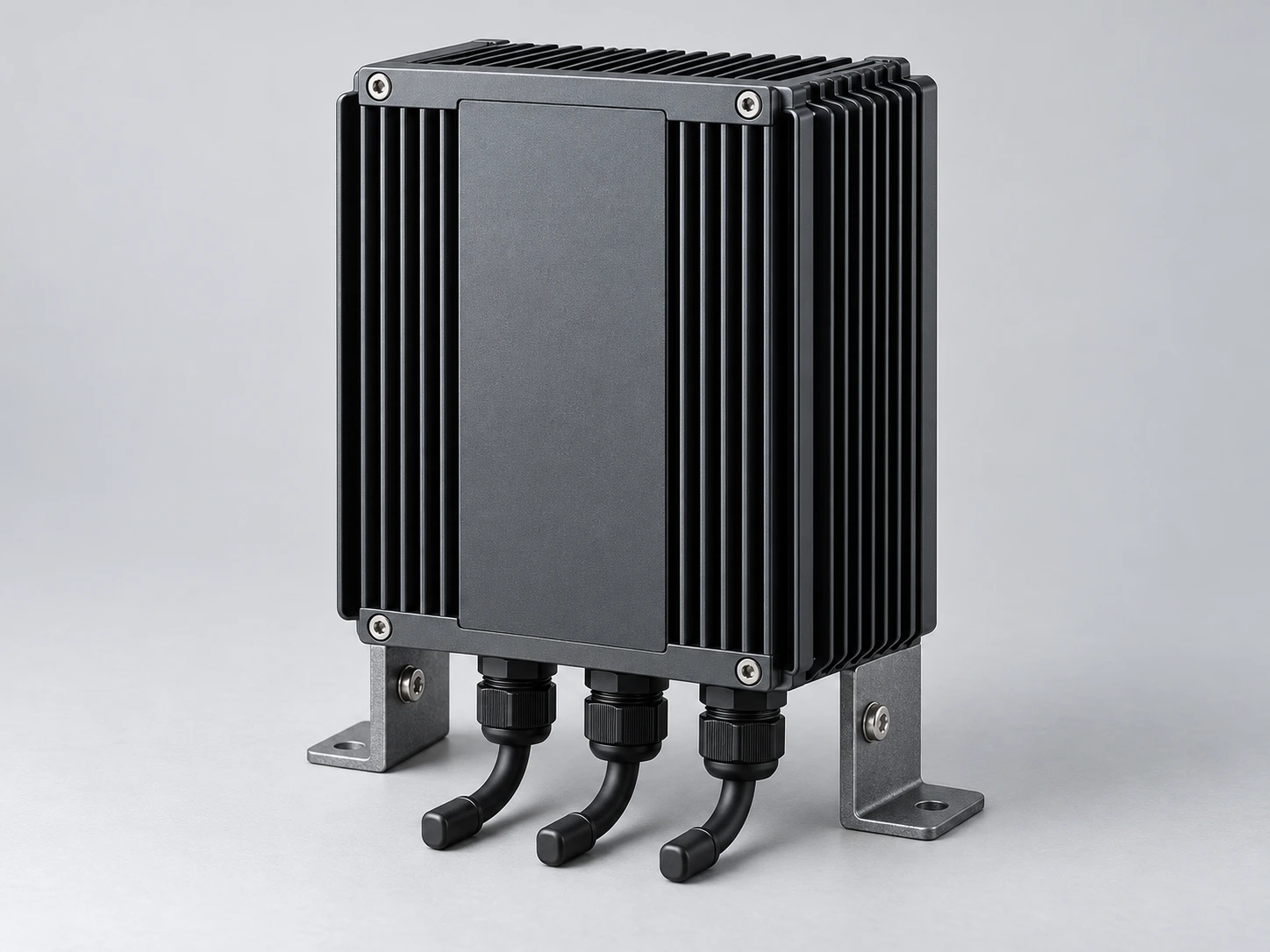 Custom graphite aluminum heat sink enclosure with mounting supports and sealed cable glands