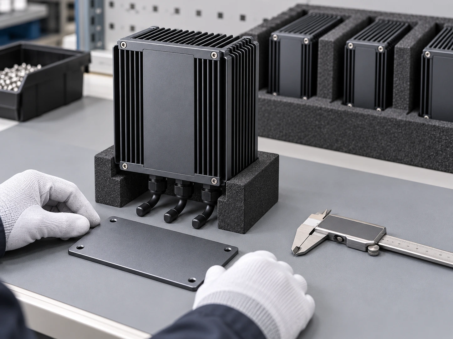 Inspection workstation with finned gateway enclosure, separate end plate and protective packaging