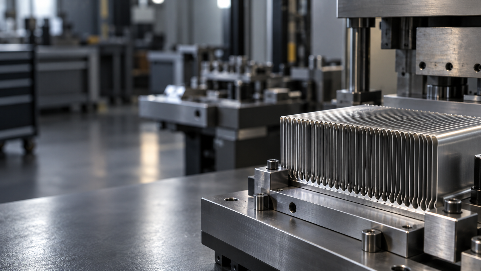 Folded fin assembly supported on a precision manufacturing fixture