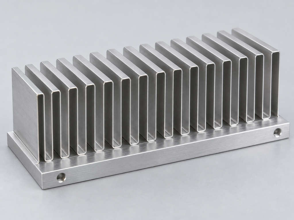 Continuous corrugated folded fin core joined to machined thermal base
