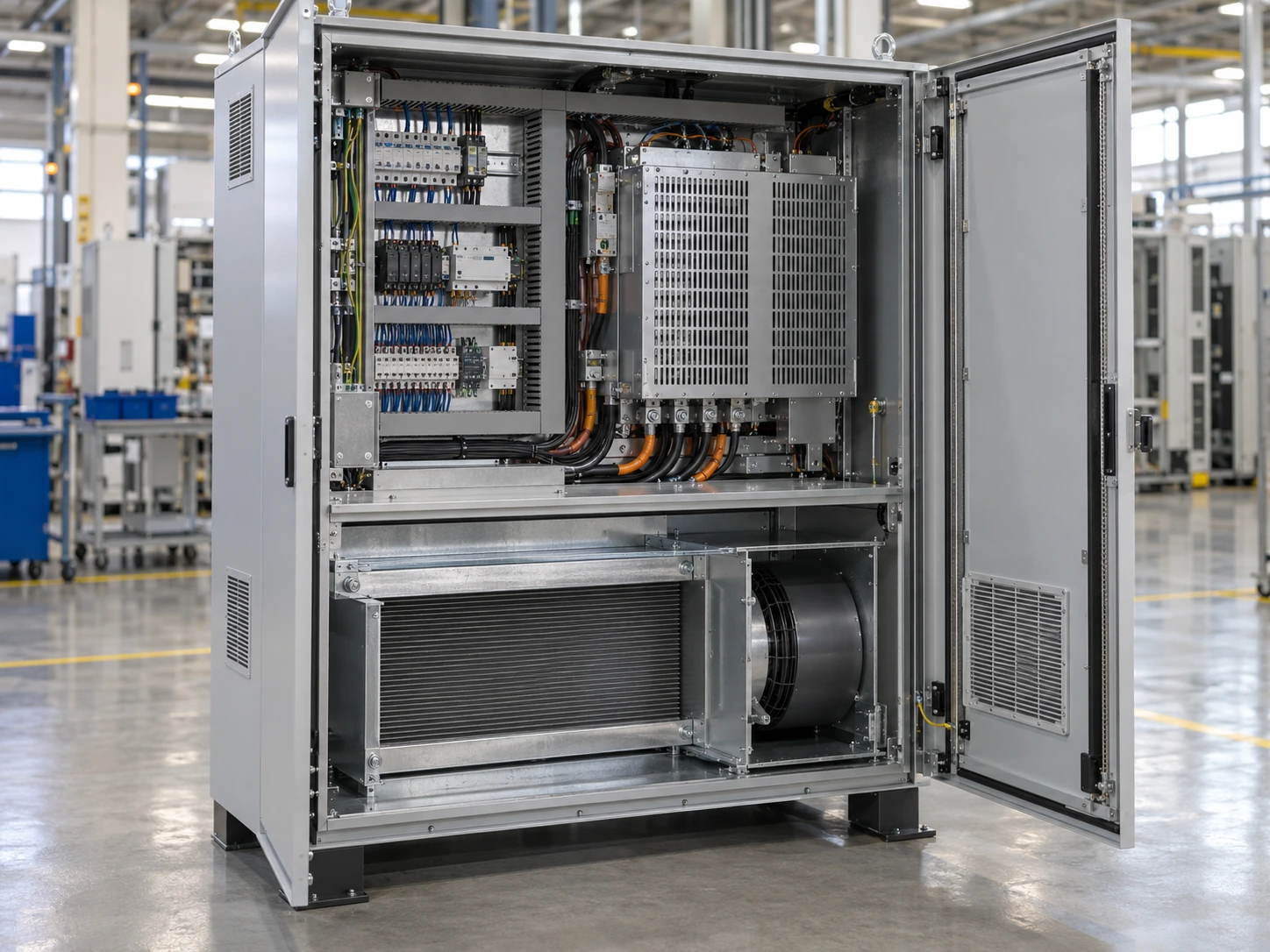 Industrial inverter cabinet showing electronics and ducted fin cooling tunnel