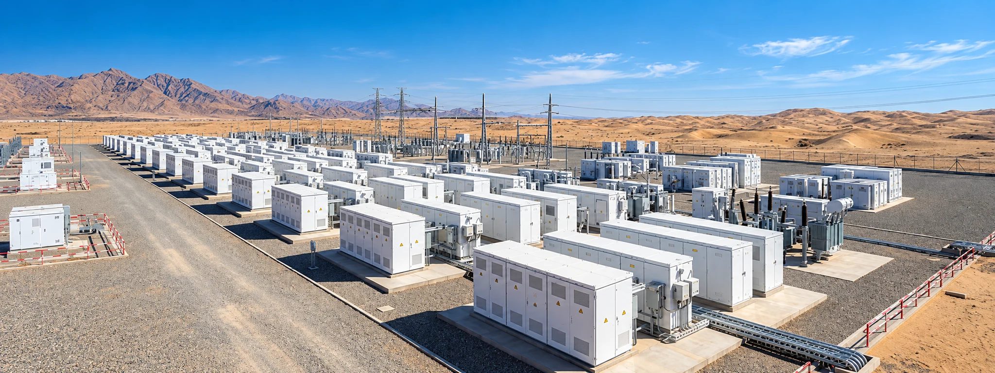 UAE utility energy storage site with closed white PCS electrical cabinets