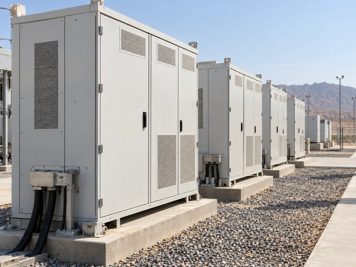 Industrial energy storage PCS cabinet lineup at utility installation with clean piping service area