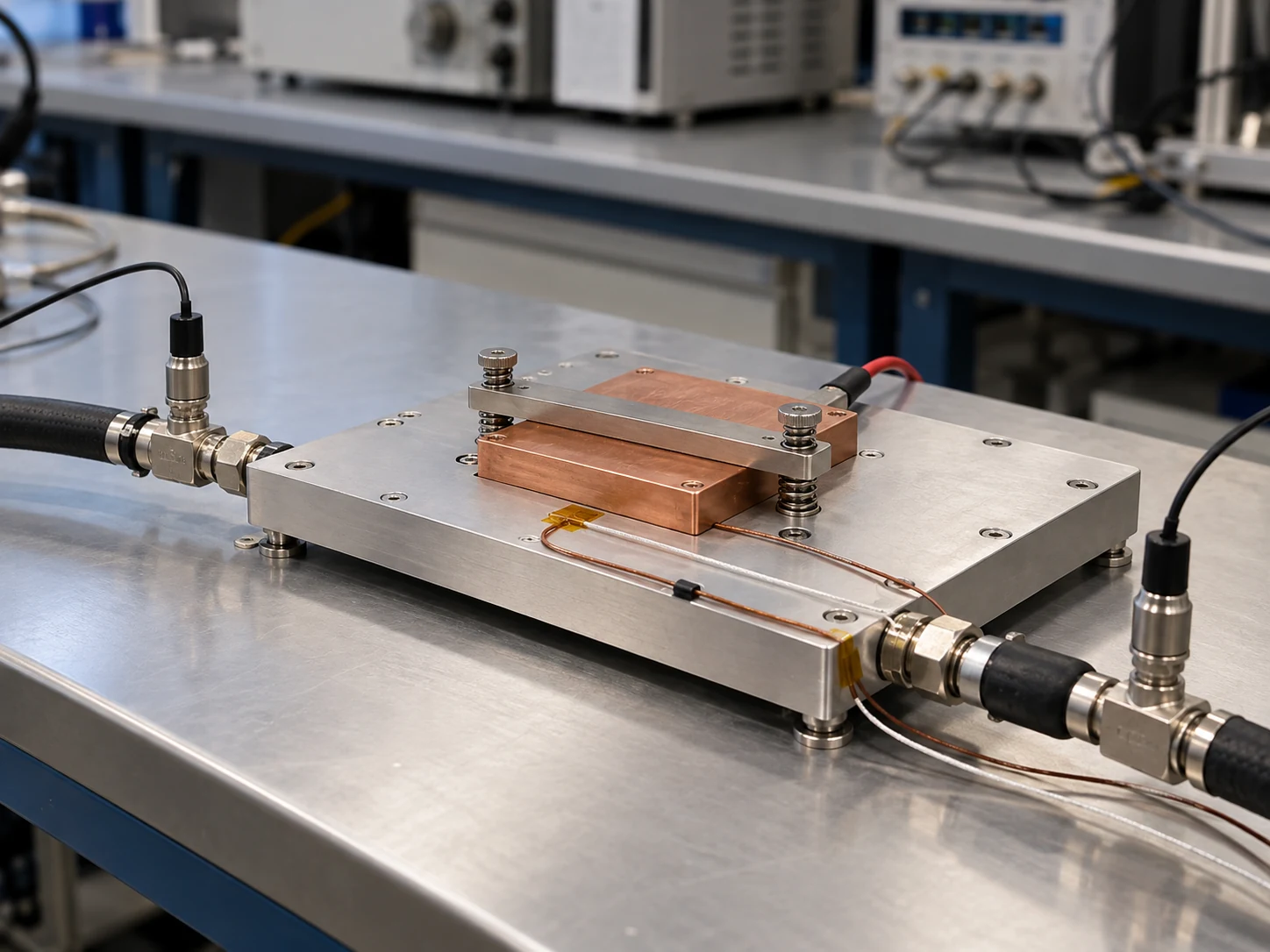Thermal engineering laboratory test bench with aluminum liquid cold plate fixture