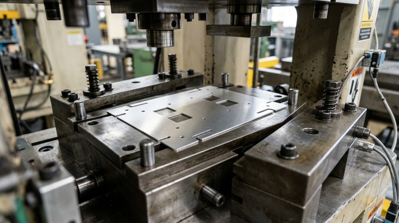 Stamping press die tooling and newly punched aluminum sheet blank fixture