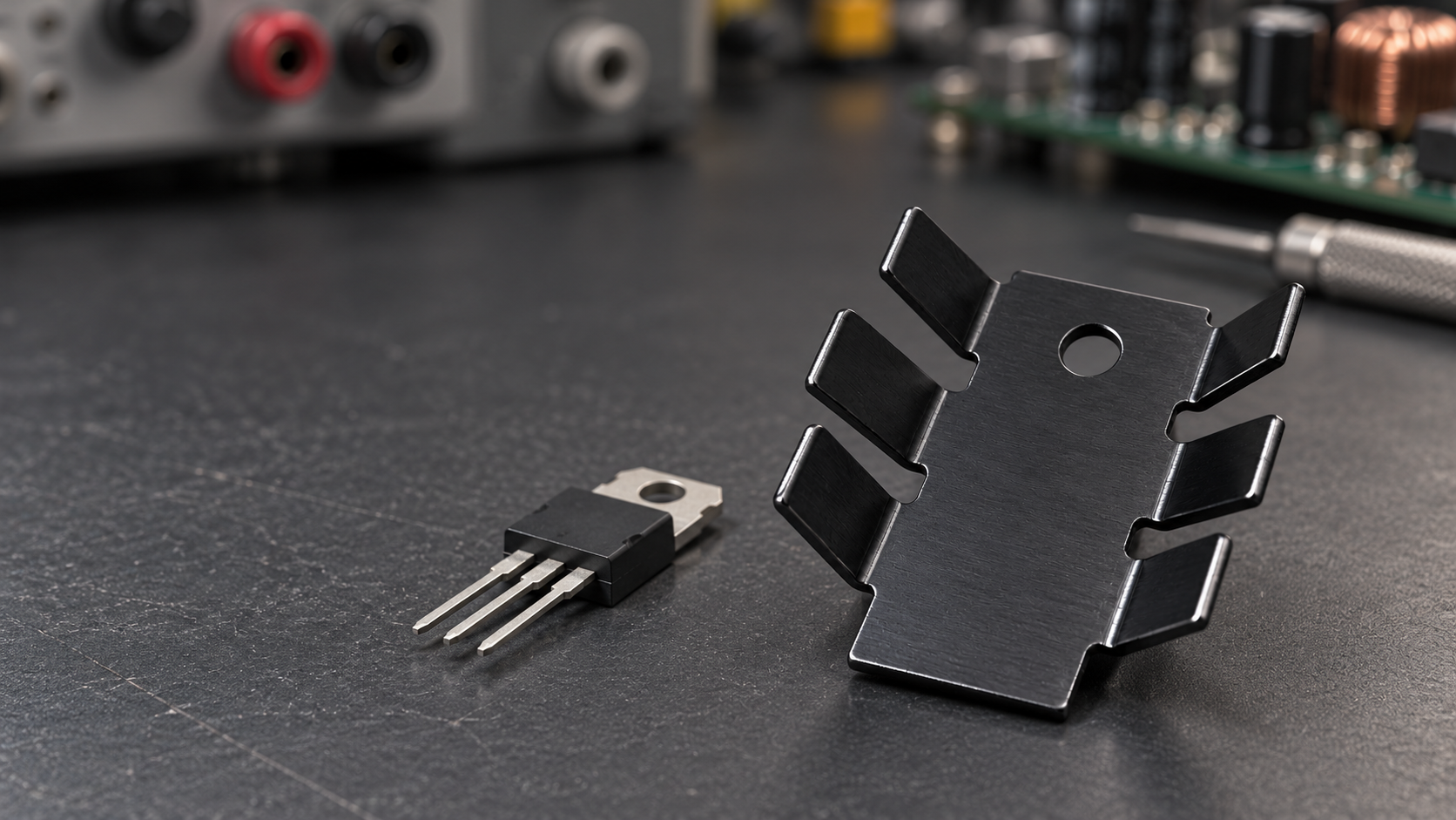 Black anodized stamped finger heat sink and a separate TO-220 device on an electronics workbench.
