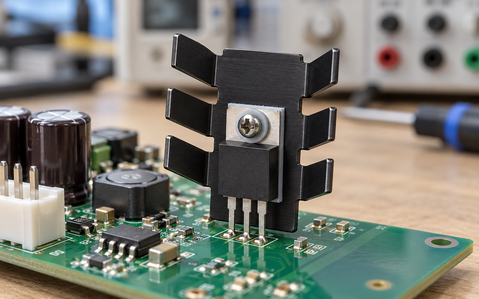 Upright six-finger stamped heat sink on a PCB with open passages for natural convection.