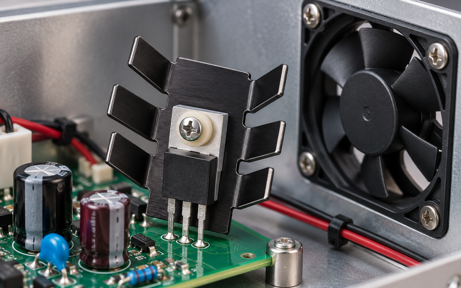 Compact stamped finger heat sink and an axial fan with clear space for forced airflow.