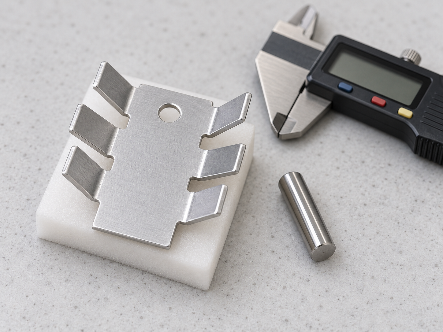 Stamped finger heat sink on a supported inspection bench beside an inactive digital caliper and a pin gauge.