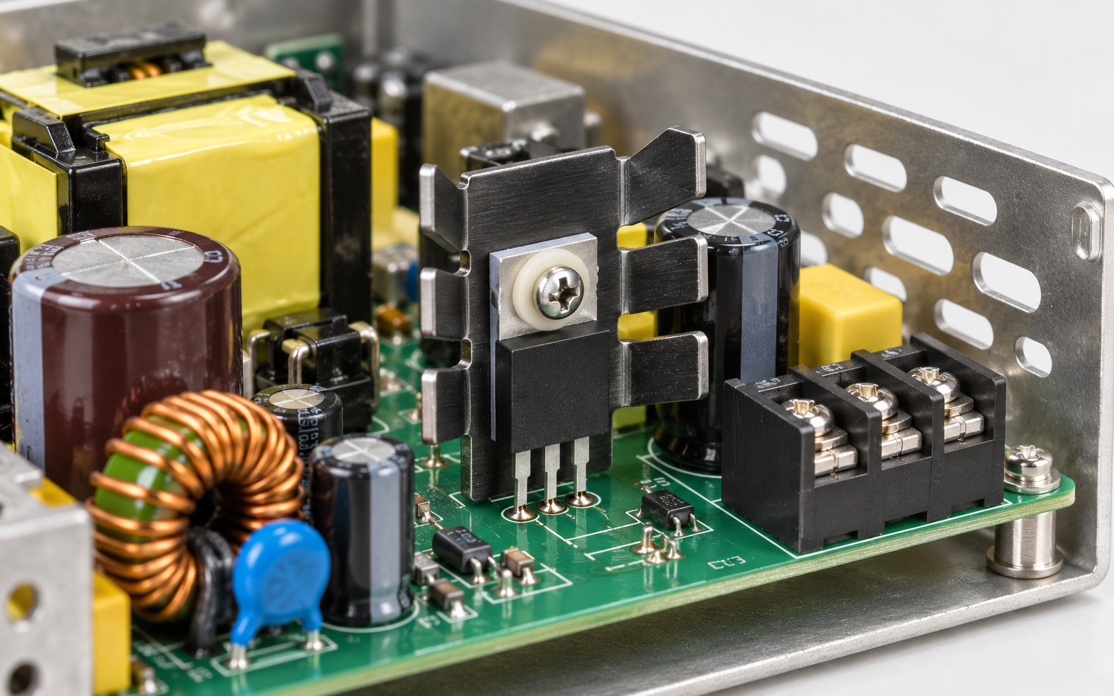 Industrial power supply electronics with a compact stamped finger heat sink on a discrete power device.