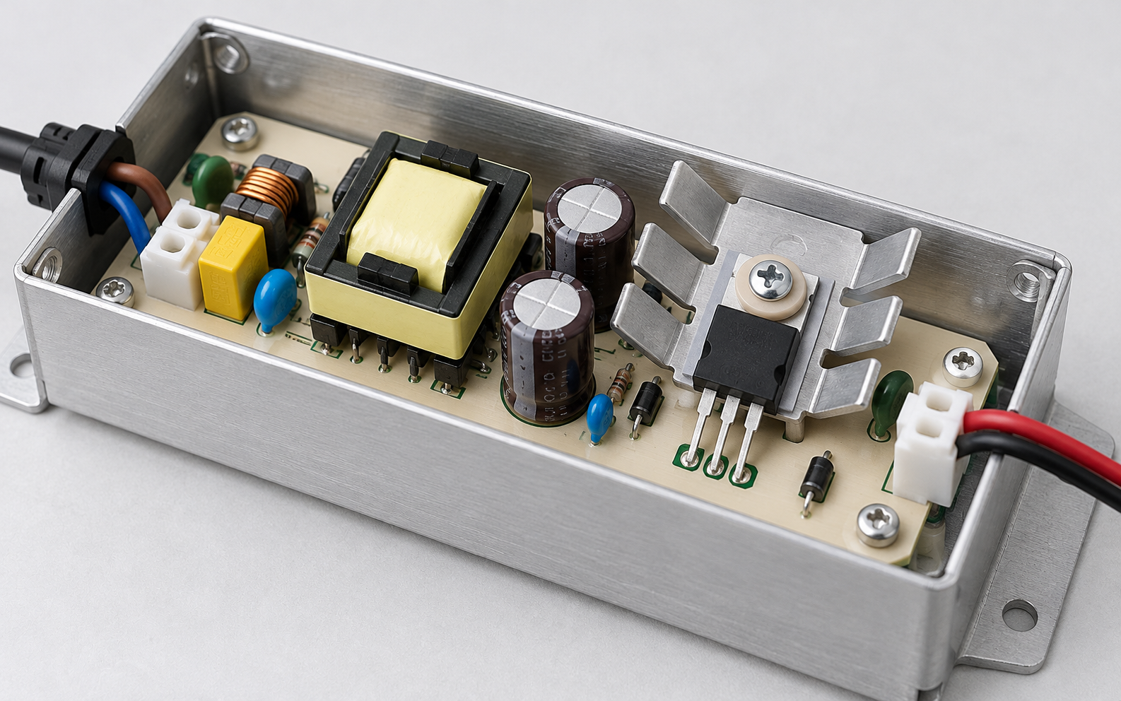 LED driver electronics with a natural aluminum stamped finger heat sink.