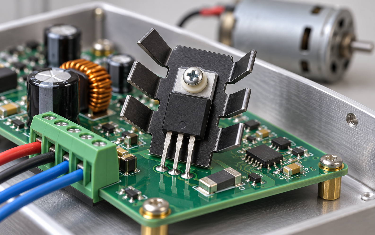 Industrial motor-control PCB with a black stamped finger heat sink and separated device leads.