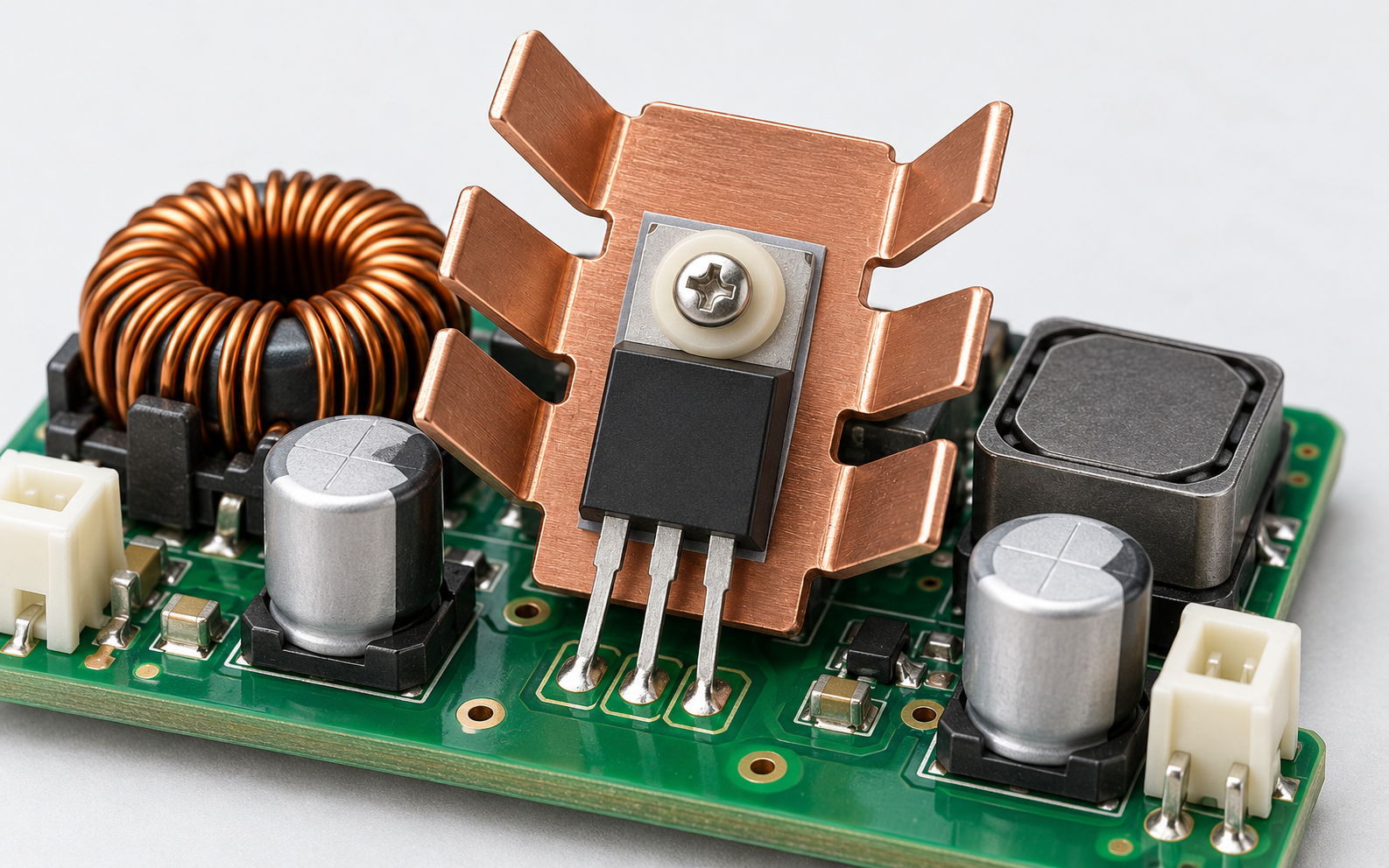 DC/DC converter PCB with a six-finger copper stamped heat sink and separated device leads.