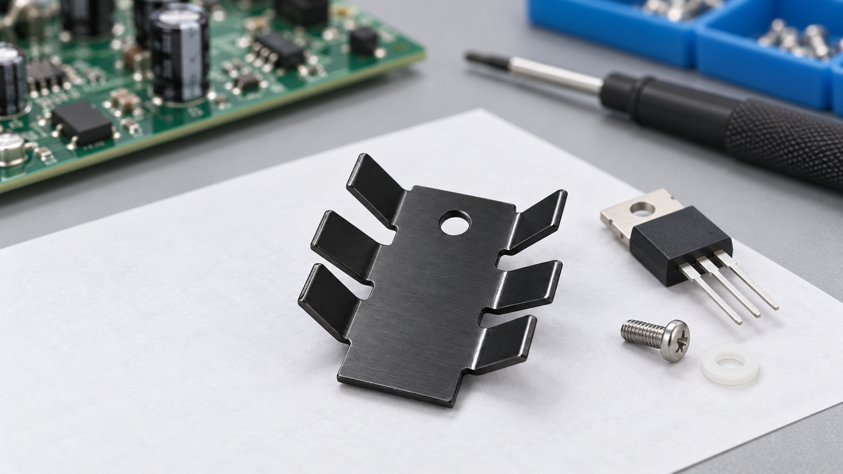 Engineering workbench with a black stamped finger heat sink, TO-220 device and mounting hardware.