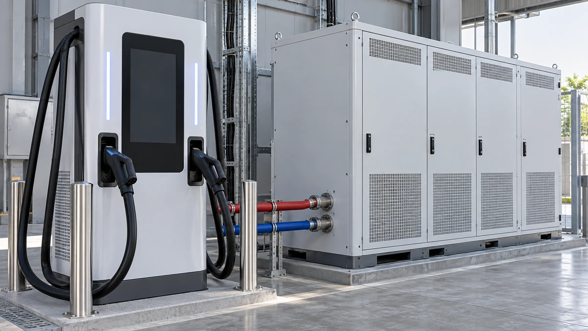 High-power EV charging dispenser beside its power conversion cabinet