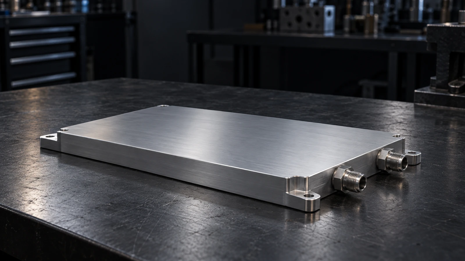 Sealed aluminum vacuum brazed cold plate on a dark engineering workbench
