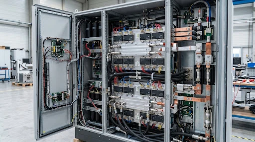 Industrial inverter cabinet with power modules mounted to liquid cooling plates