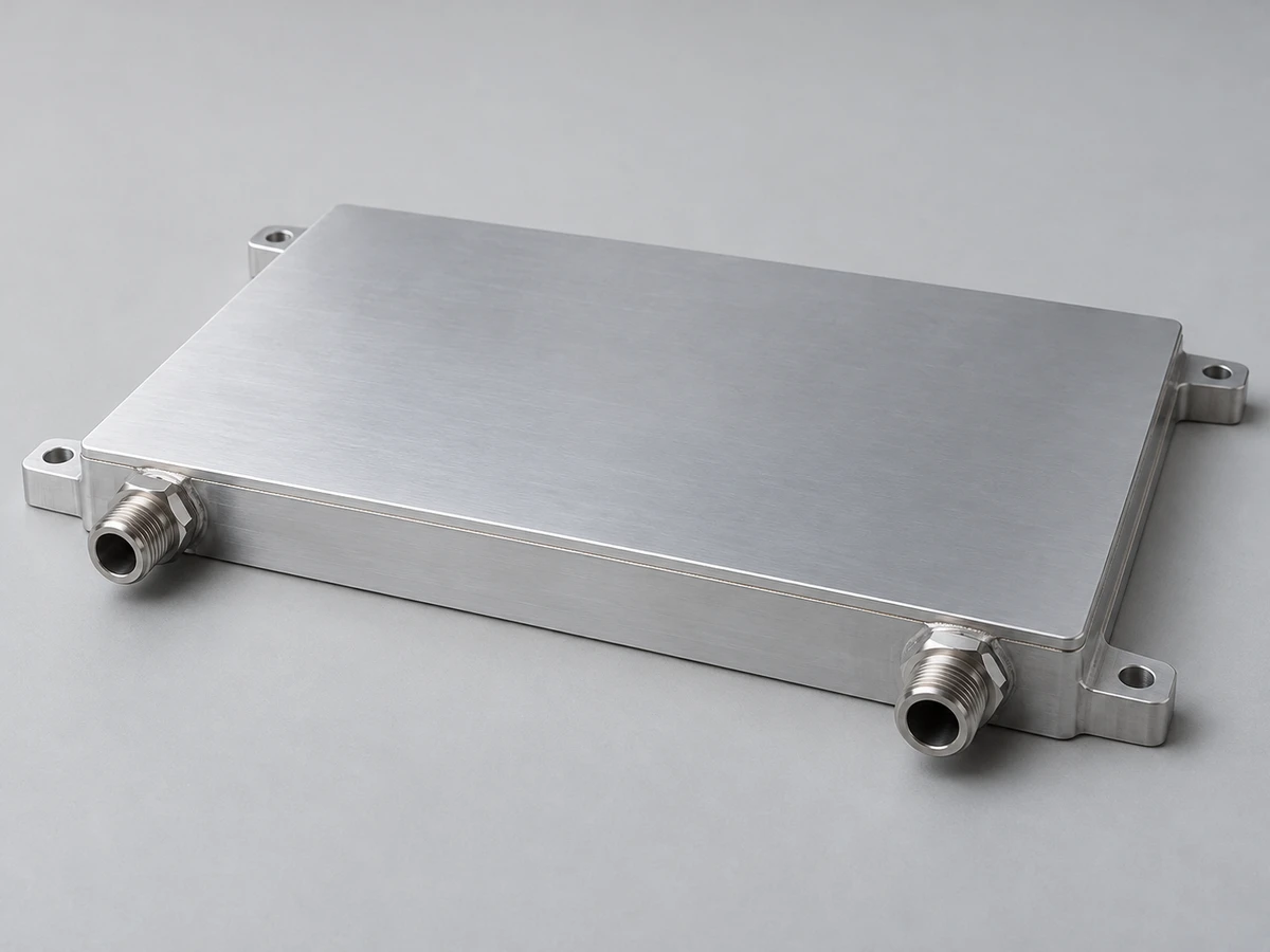 Finished aluminum vacuum brazed cold plate with solid contact face and two fluid ports