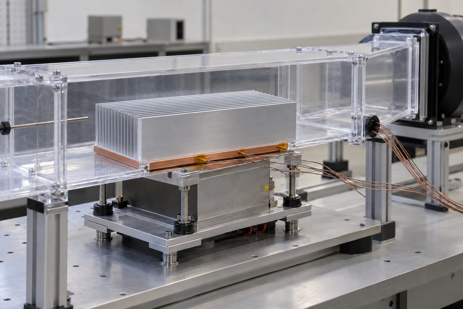 Industrial thermal testing bench laboratory setting with compact straight-fin heat sink and DAQ setup