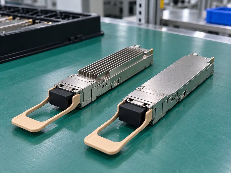 osfp riding heat sink integrated-fin and flat RHS module constructions compared