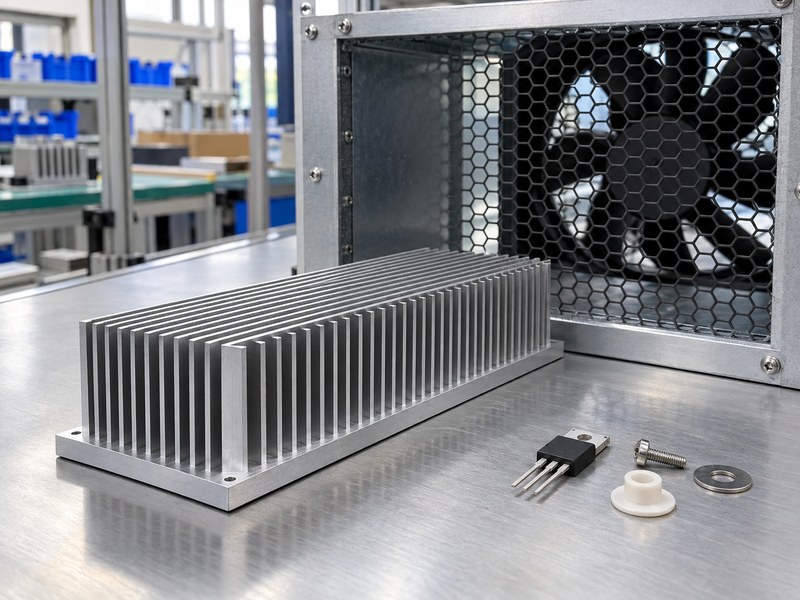 PC voltage regulator heat sink with open fin channels near an airflow test duct