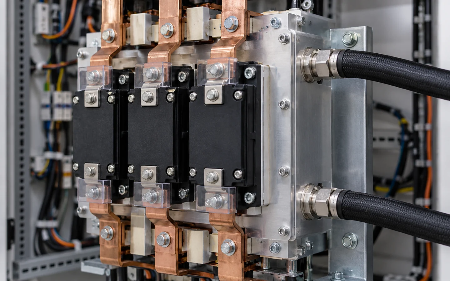 Liquid-cooled industrial power stage with two independent coolant hoses