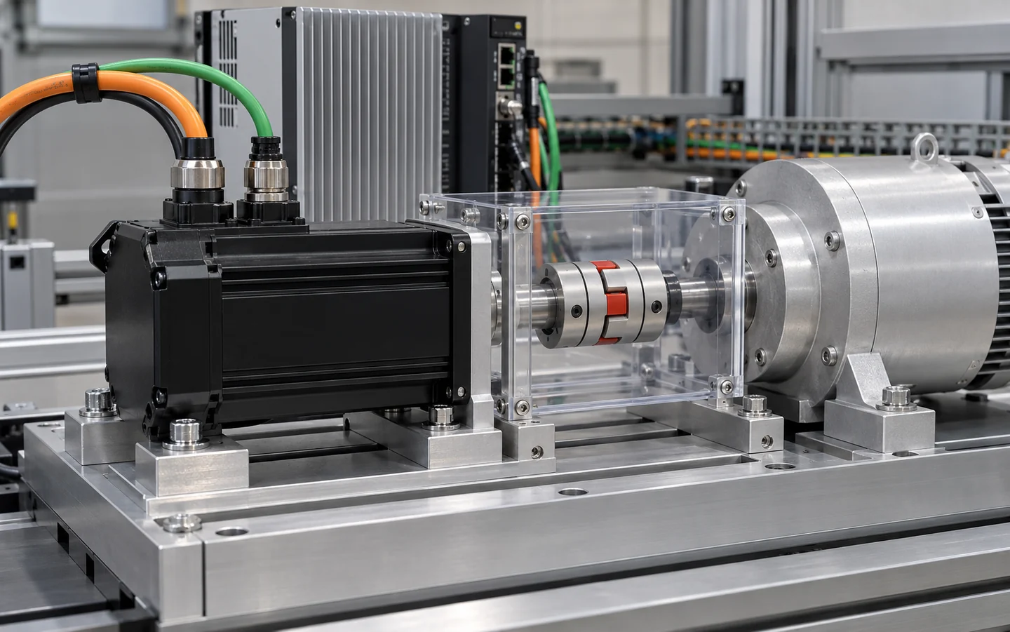Servo motor and load motor aligned on a guarded laboratory test bench
