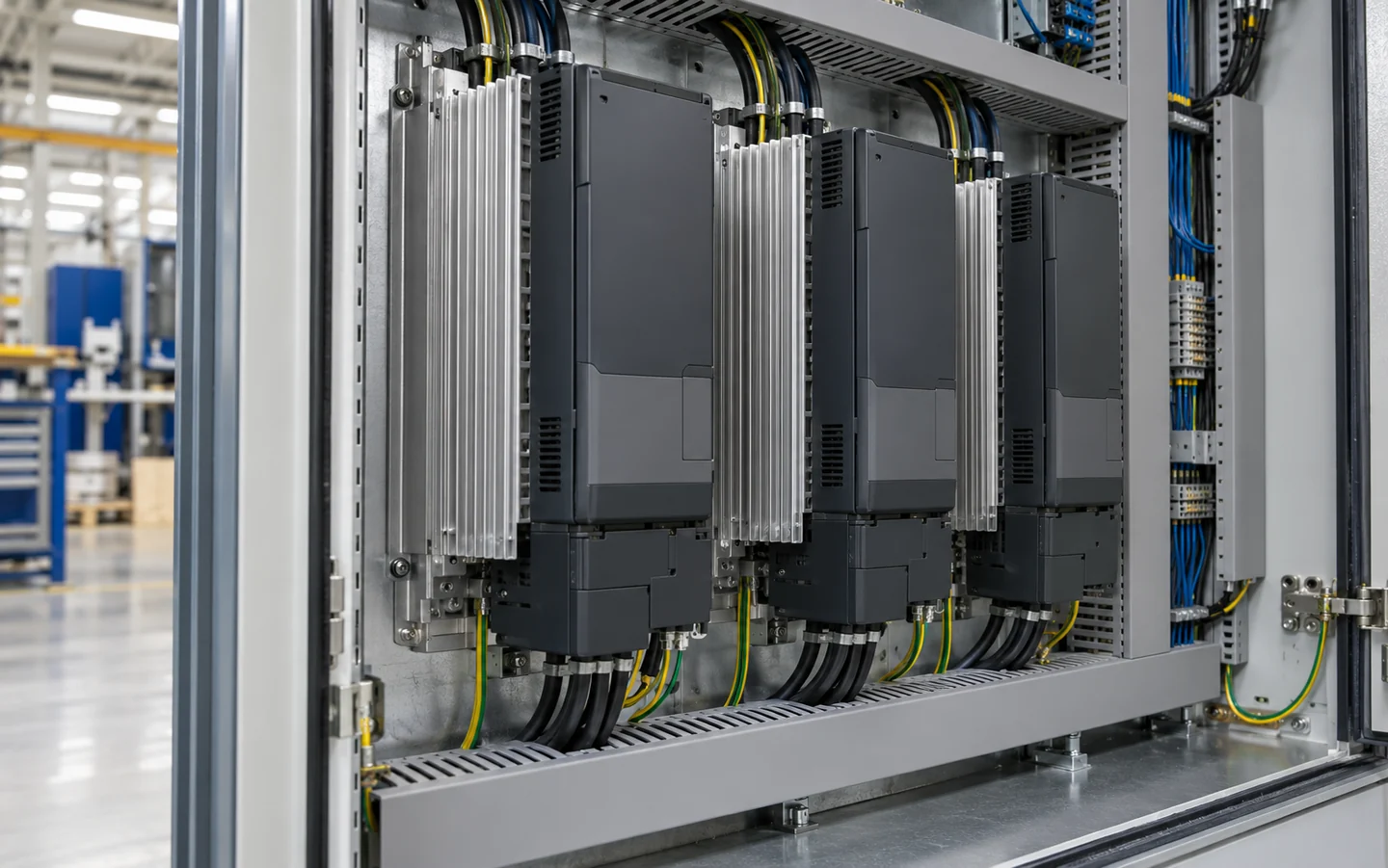 Air-cooled variable-frequency drives mounted inside an industrial cabinet