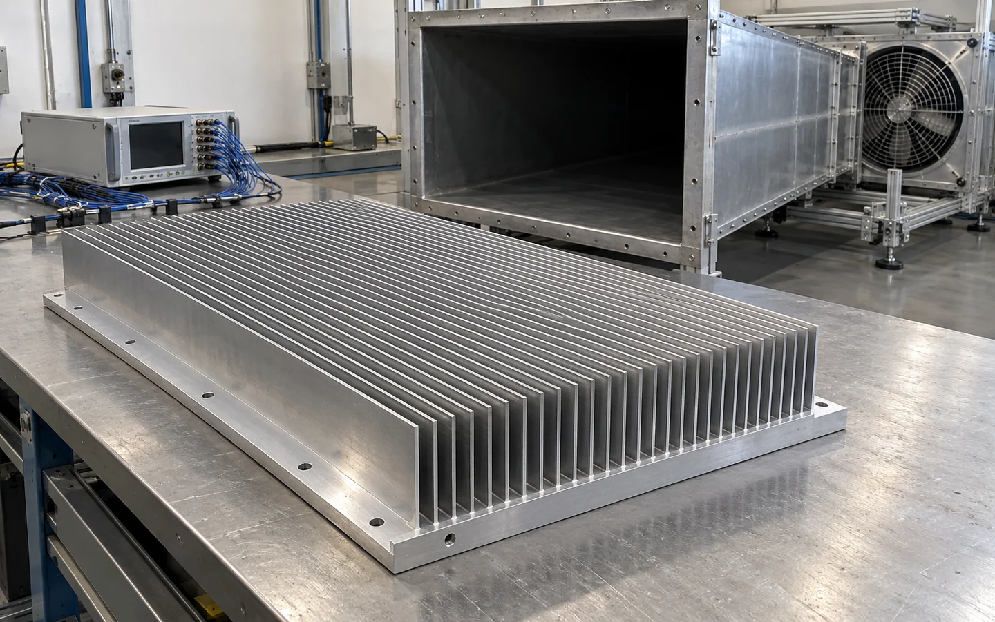 Large bonded-fin aluminum heat sink on a laboratory bench beside an open airflow test duct