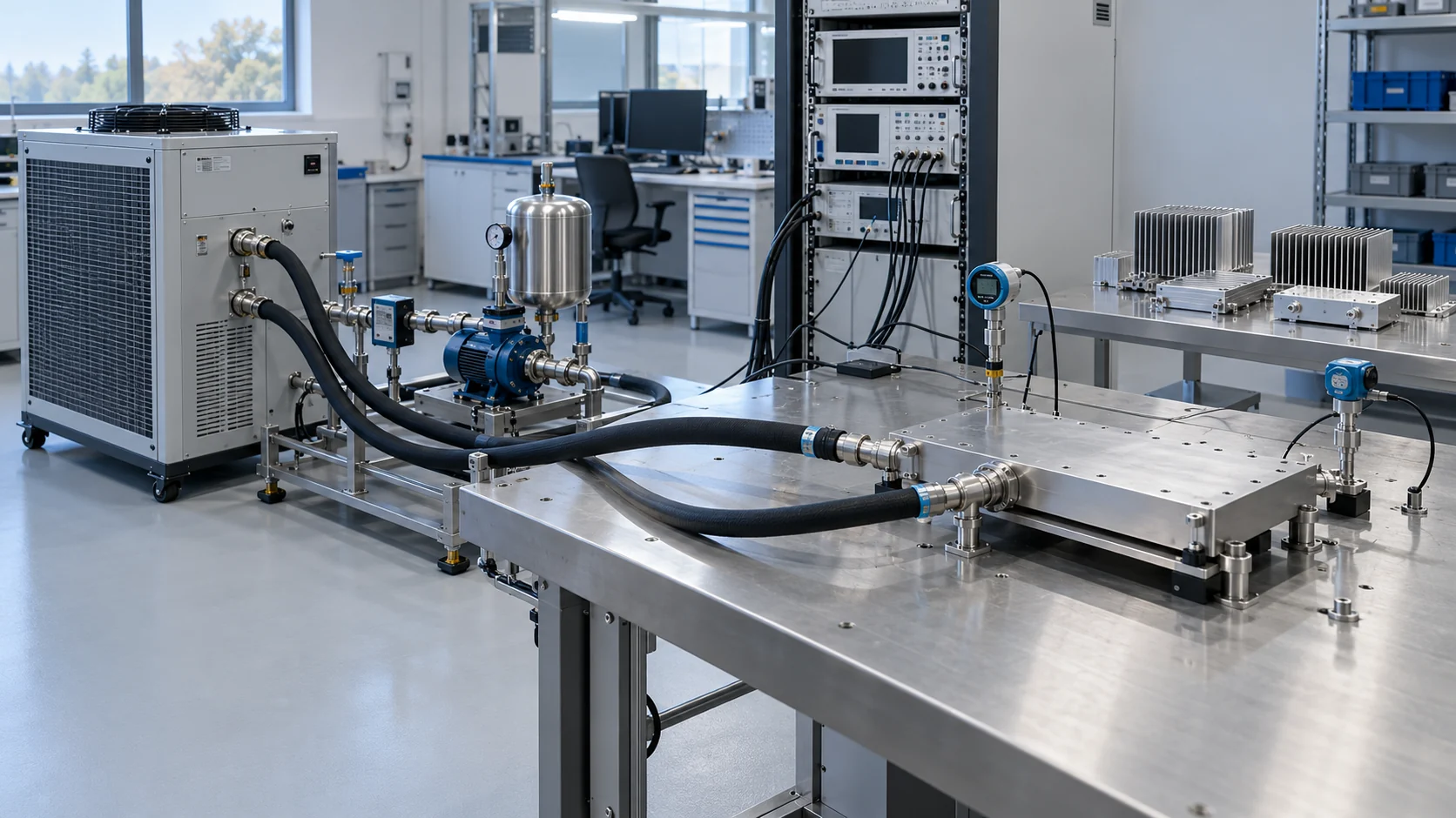 Thermal engineering laboratory with closed cold plate and recirculating coolant test equipment