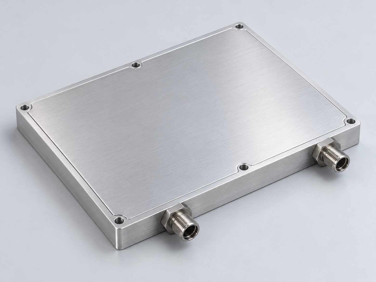 Sealed machined aluminum liquid cold plate with two seated coolant fittings and a flat contact surface