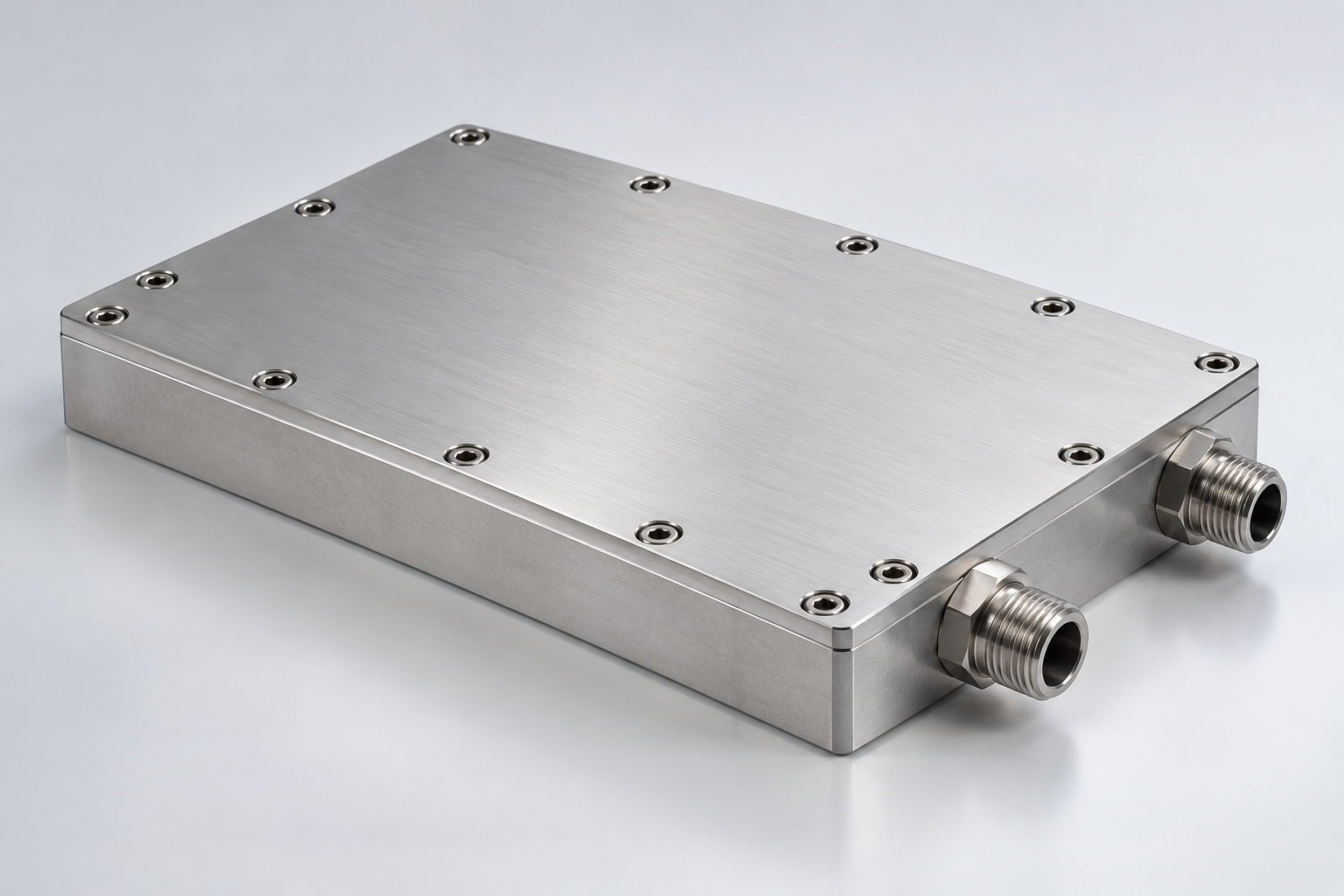 Studio product photography of precision machined aluminum liquid cold plate with fluid ports