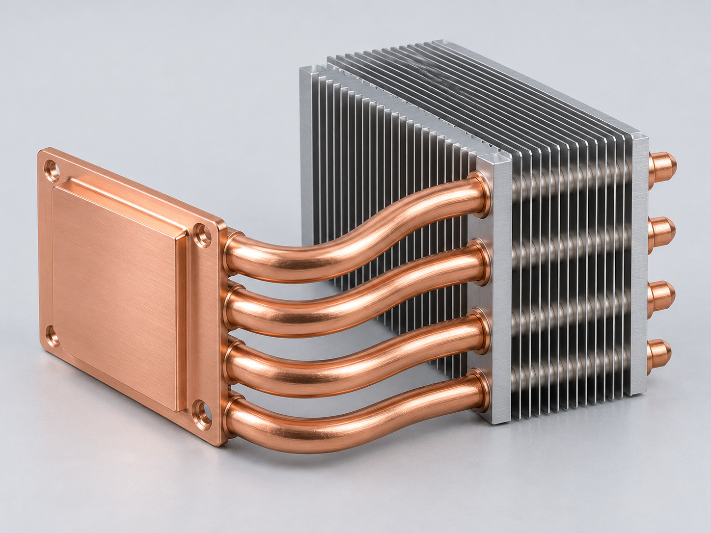 Copper heat pipes linking a machined contact base to a bonded aluminum fin stack