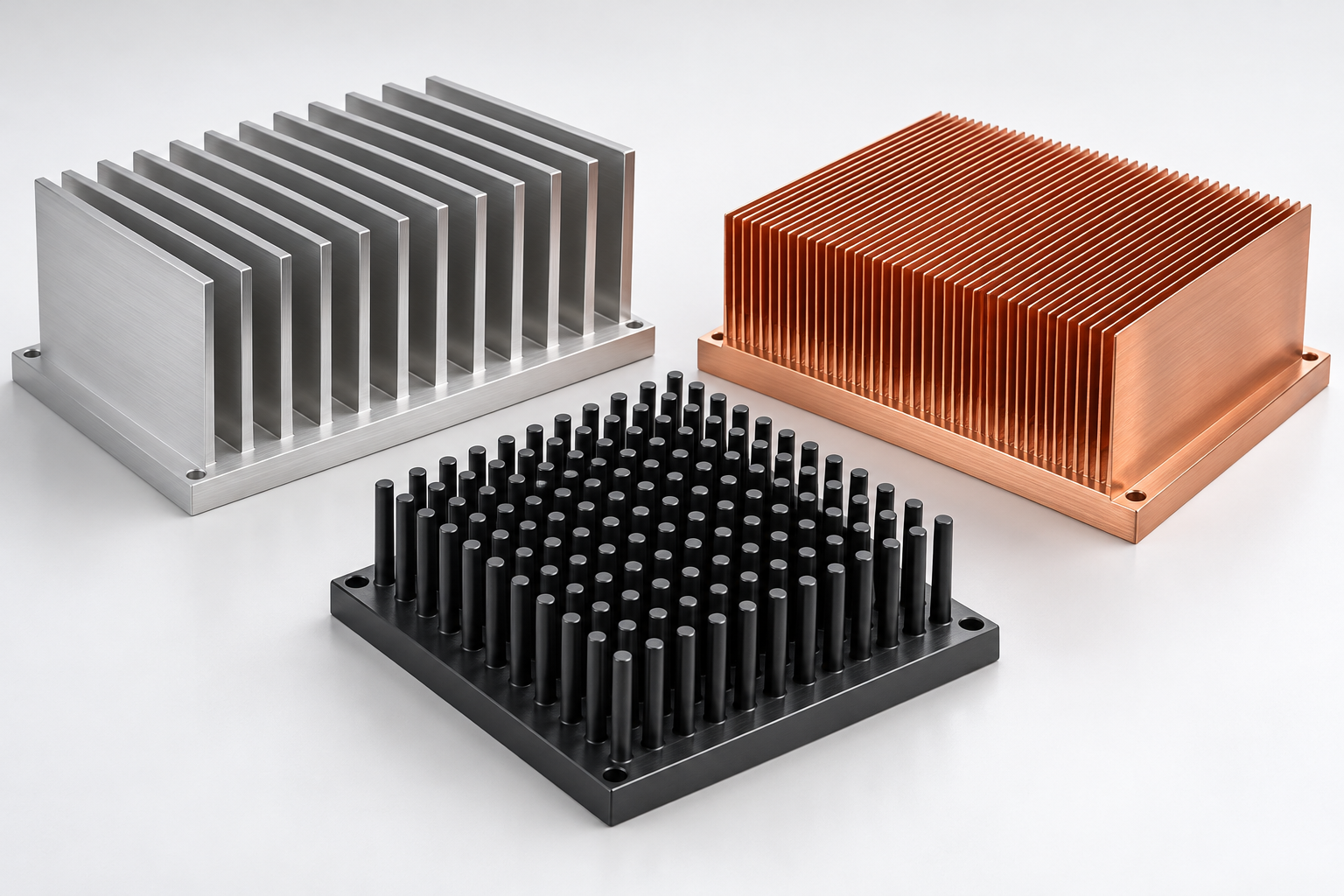 Studio product photography of thermal heat sinks including extruded, skived, and pin-fin assemblies