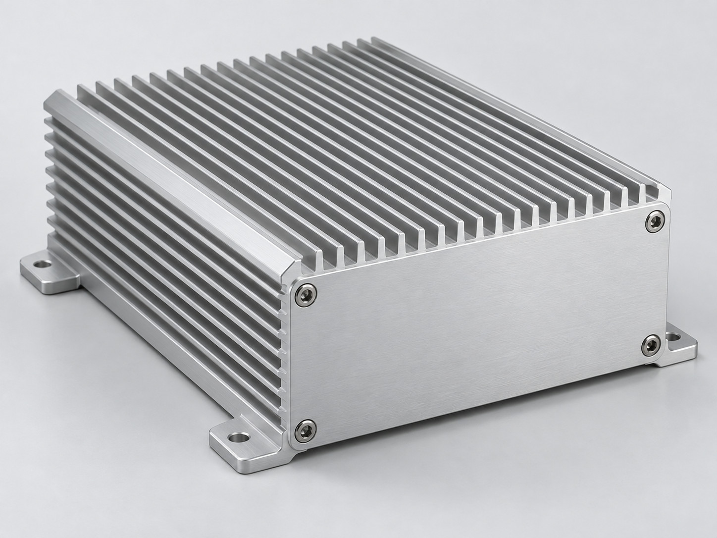 Closed fanless aluminum thermal enclosure with integral fins and a flush machined end plate