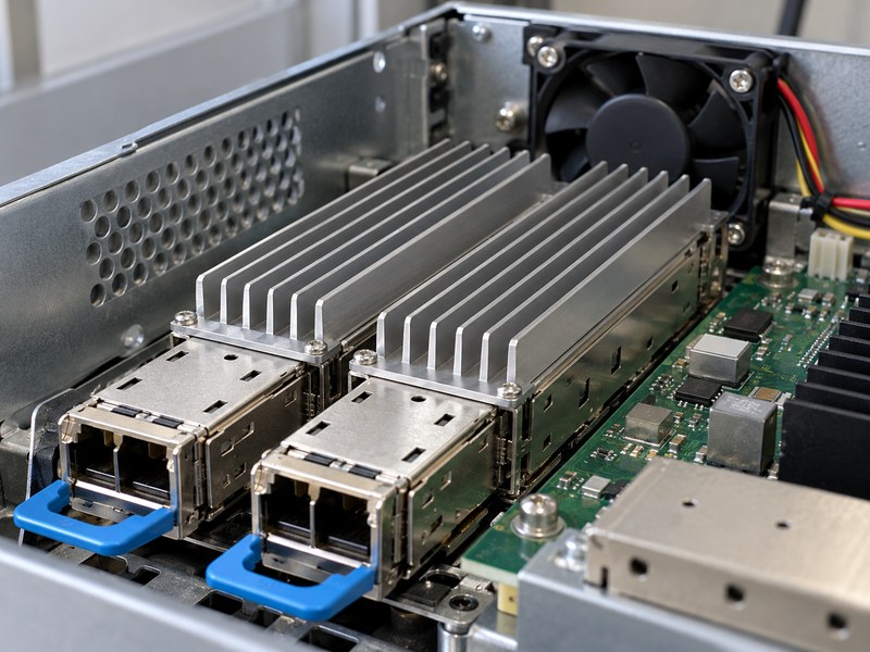 riding heat sink open airflow channels above two optical cages