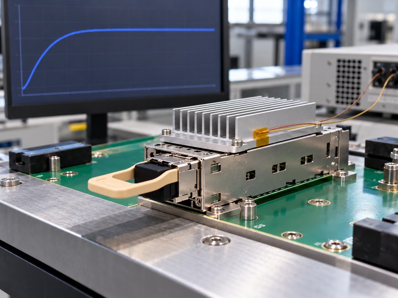 riding heat sink qualitative thermal stabilization trace beside a cage assembly