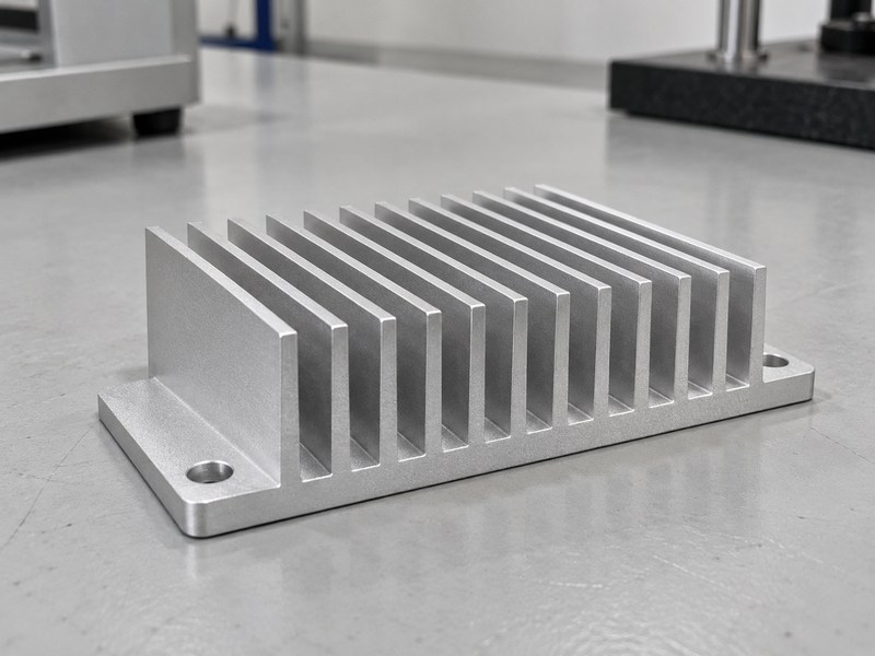 sandblasted aluminum heat sink finished part with straight fins and mounting ears